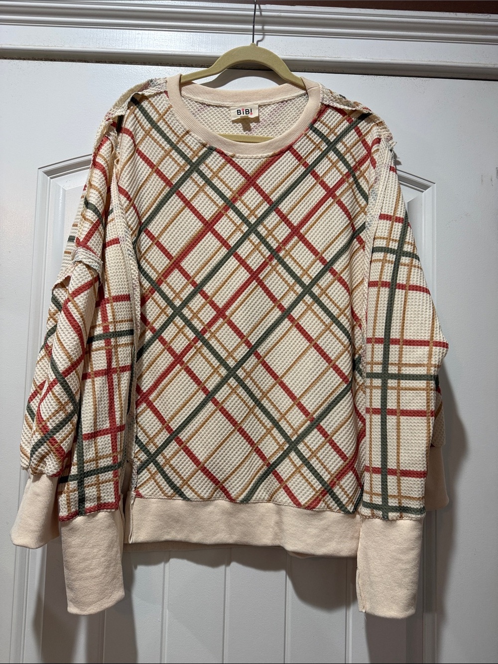 BiBi Cream Plaid Waffle-Knit Crewneck Oversized Top